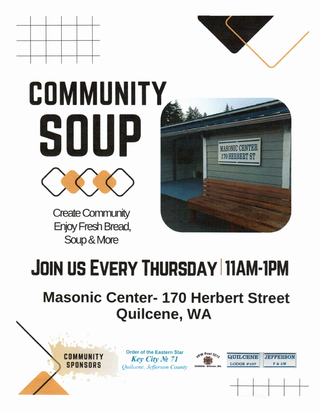 Community Soup flyer: Every Thursday 11AM-1PM at Quilcene Masonic Center, 170 Herbert Street, Quilcene WA